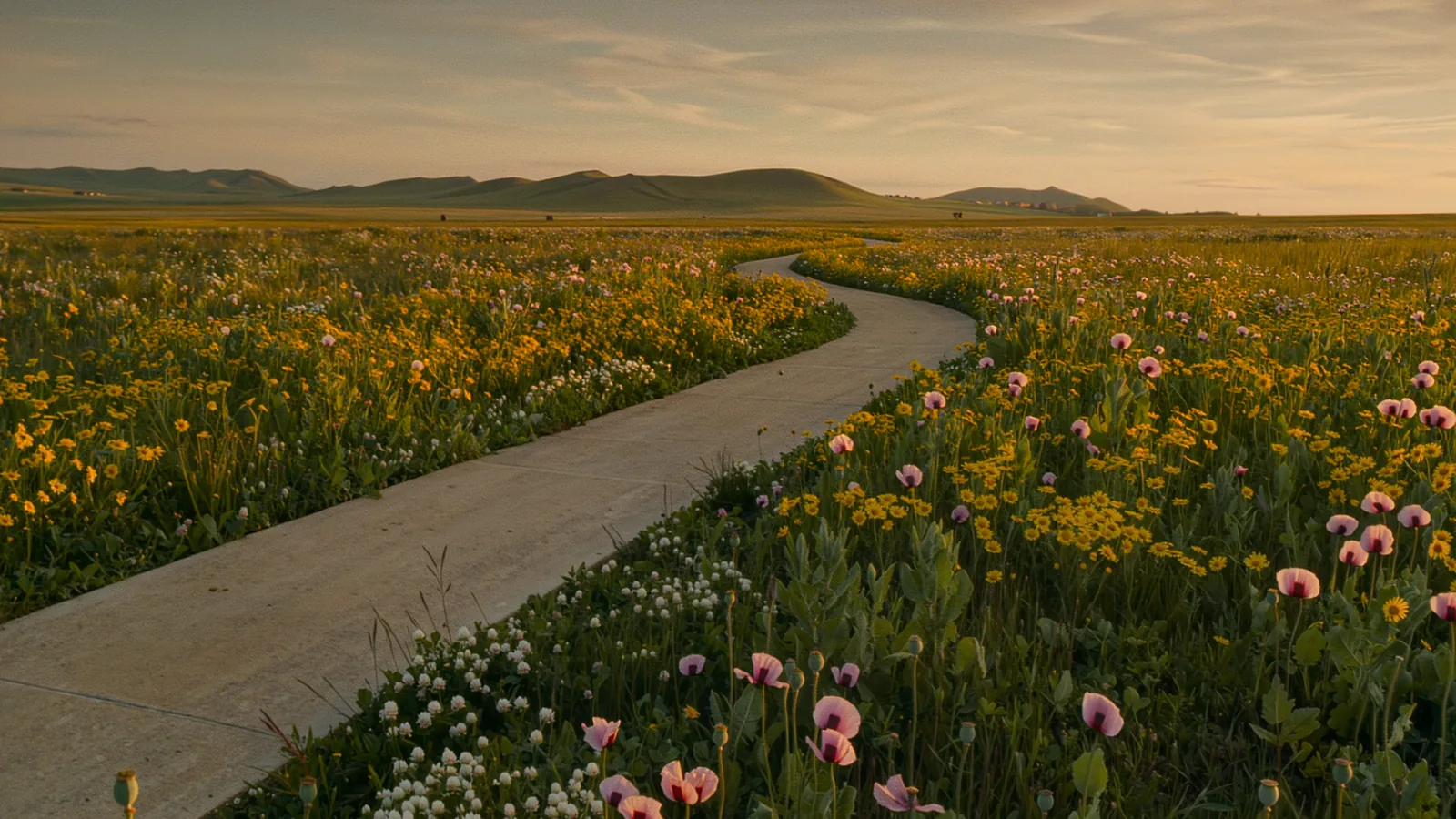 Ein geschwungener Pfad führt durch eine Wildblumenwiese in der goldenen Stunde